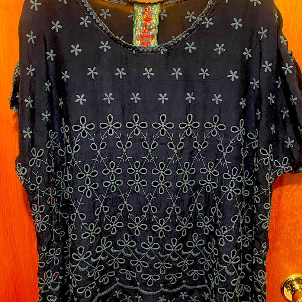 Johnny Was Blue Eyelet Embroidered Top XL ADDED MEASUREMENT